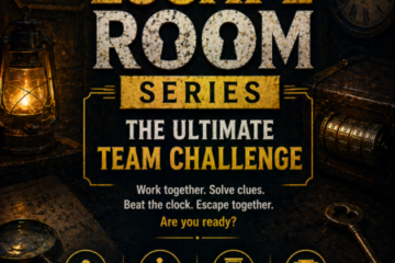 Teams solving puzzles, decoding clues, and collaborating during an interactive escape room team-building challenge
