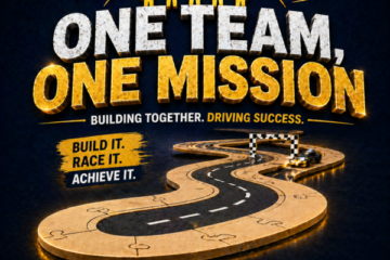 Corporate teams building and connecting track sections during a collaborative team-building challenge.