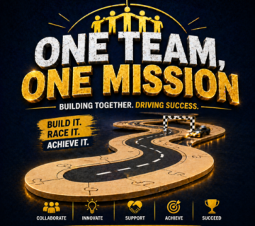 Corporate teams building and connecting track sections during a collaborative team-building challenge.