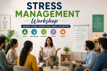 Employees participating in a workplace wellness workshop focused on stress management, mindfulness, and well-being.