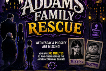 Remote employees collaborating online to solve clues and rescue Wednesday and Pugsley during a virtual team-building mystery challenge.