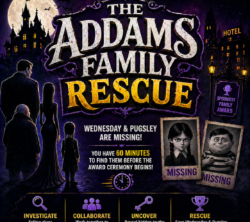 Remote employees collaborating online to solve clues and rescue Wednesday and Pugsley during a virtual team-building mystery challenge.