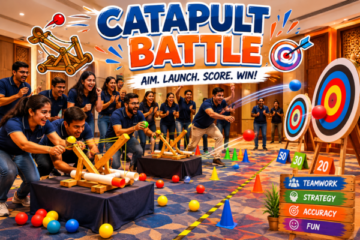 Corporate teams building and launching catapults during an engineering-based team-building challenge.