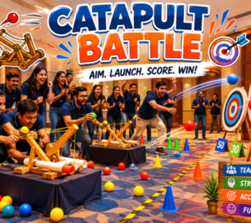 Corporate teams building and launching catapults during an engineering-based team-building challenge.