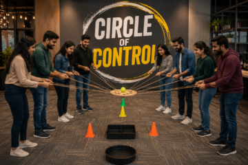 Corporate teams participating in Circle of Control, a collaborative team-building activity focused on communication, coordination, leadership, problem-solving, and collective decision-making.
