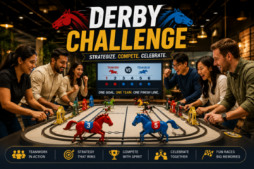 Corporate teams participating in a horse racing simulation and strategic betting challenge during a team-building event.