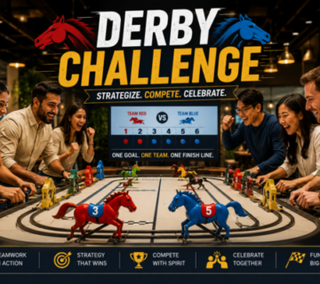 Corporate teams participating in a horse racing simulation and strategic betting challenge during a team-building event.