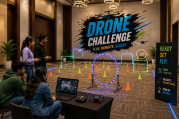 Corporate teams participating in a Drone Challenge, navigating drones through obstacle courses while demonstrating communication, teamwork, leadership, problem-solving, and strategic coordination.