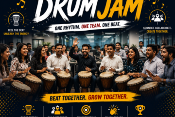 Corporate employees participating in a high-energy drum circle team-building activity.