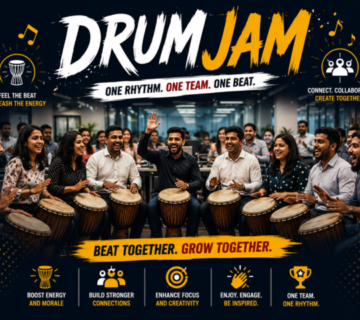 Corporate employees participating in a high-energy drum circle team-building activity.