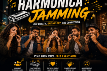 Employees playing harmonicas together during a musical team-building and employee engagement activity.