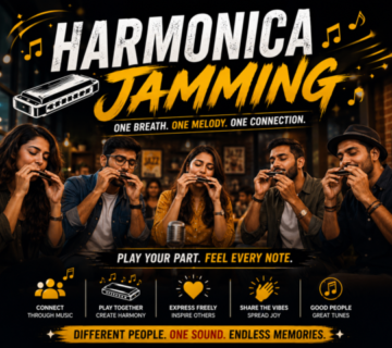 Employees playing harmonicas together during a musical team-building and employee engagement activity.