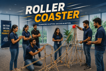 Corporate teams building and connecting sections of a roller coaster track during the Roller Coaster Challenge, a creative team-building activity focused on collaboration, communication, innovation, and problem-solving.