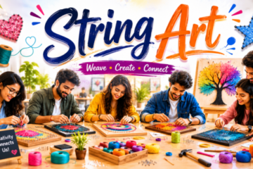 Employees creating colorful string art designs using threads and nails during a creative corporate workshop.