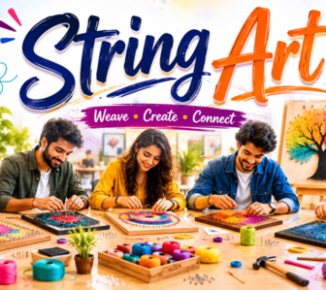 Employees creating colorful string art designs using threads and nails during a creative corporate workshop.