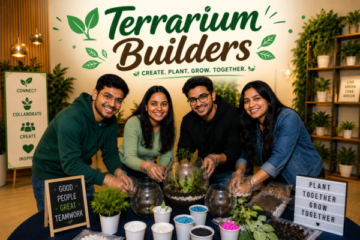 Employees creating miniature terrariums during a creative corporate team-building and employee engagement workshop