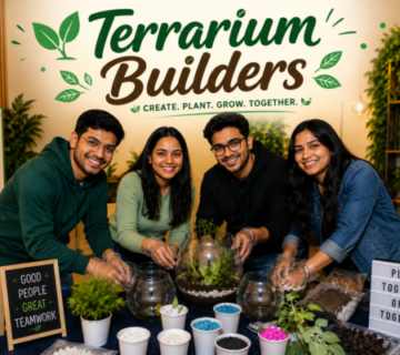 Employees creating miniature terrariums during a creative corporate team-building and employee engagement workshop