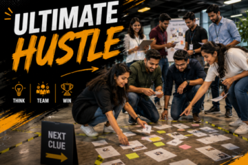 Corporate teams solving clues and completing challenges during The Ultimate Hustle™, a scavenger hunt team-building activity.