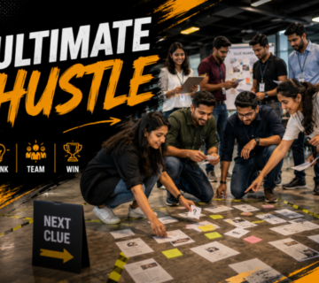 Corporate teams solving clues and completing challenges during The Ultimate Hustle™, a scavenger hunt team-building activity.