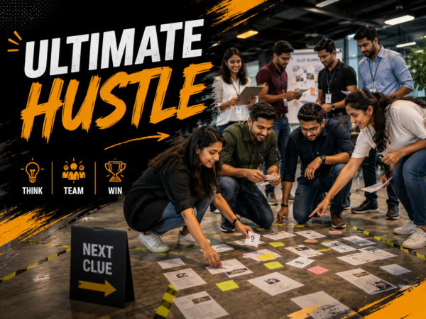 Corporate teams solving clues and completing challenges during The Ultimate Hustle™, a scavenger hunt team-building activity.