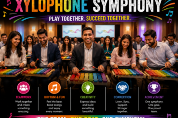 Employees playing xylophones together during a musical team-building and employee engagement activity.
