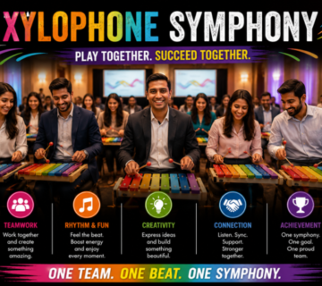 Employees playing xylophones together during a musical team-building and employee engagement activity.